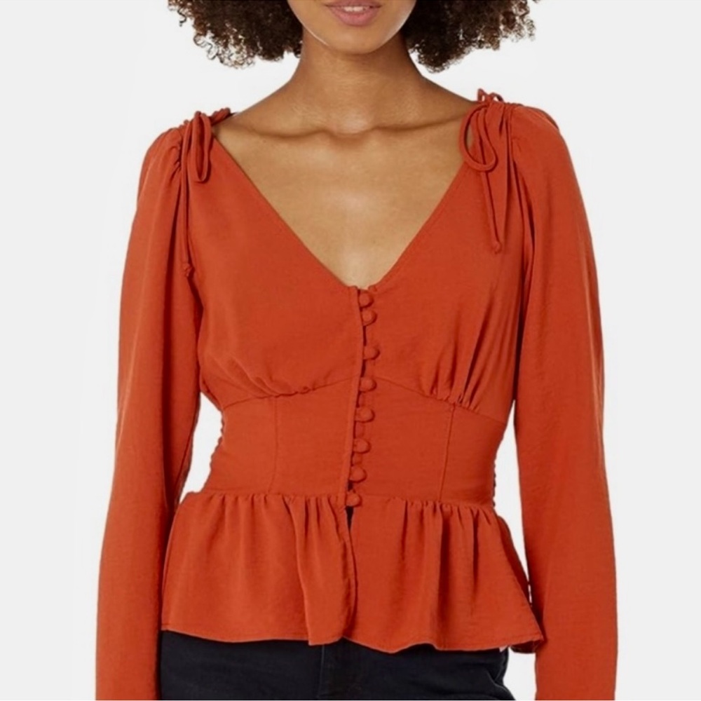 Louna Button Front Peplum Long Sleeve Blouse, NEW